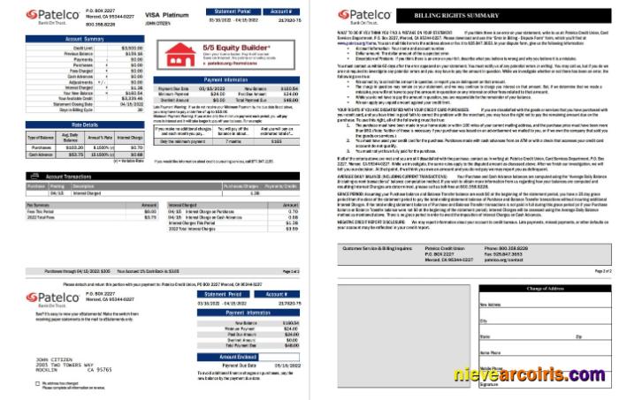 USA California Patelco bank card statement 2 pages